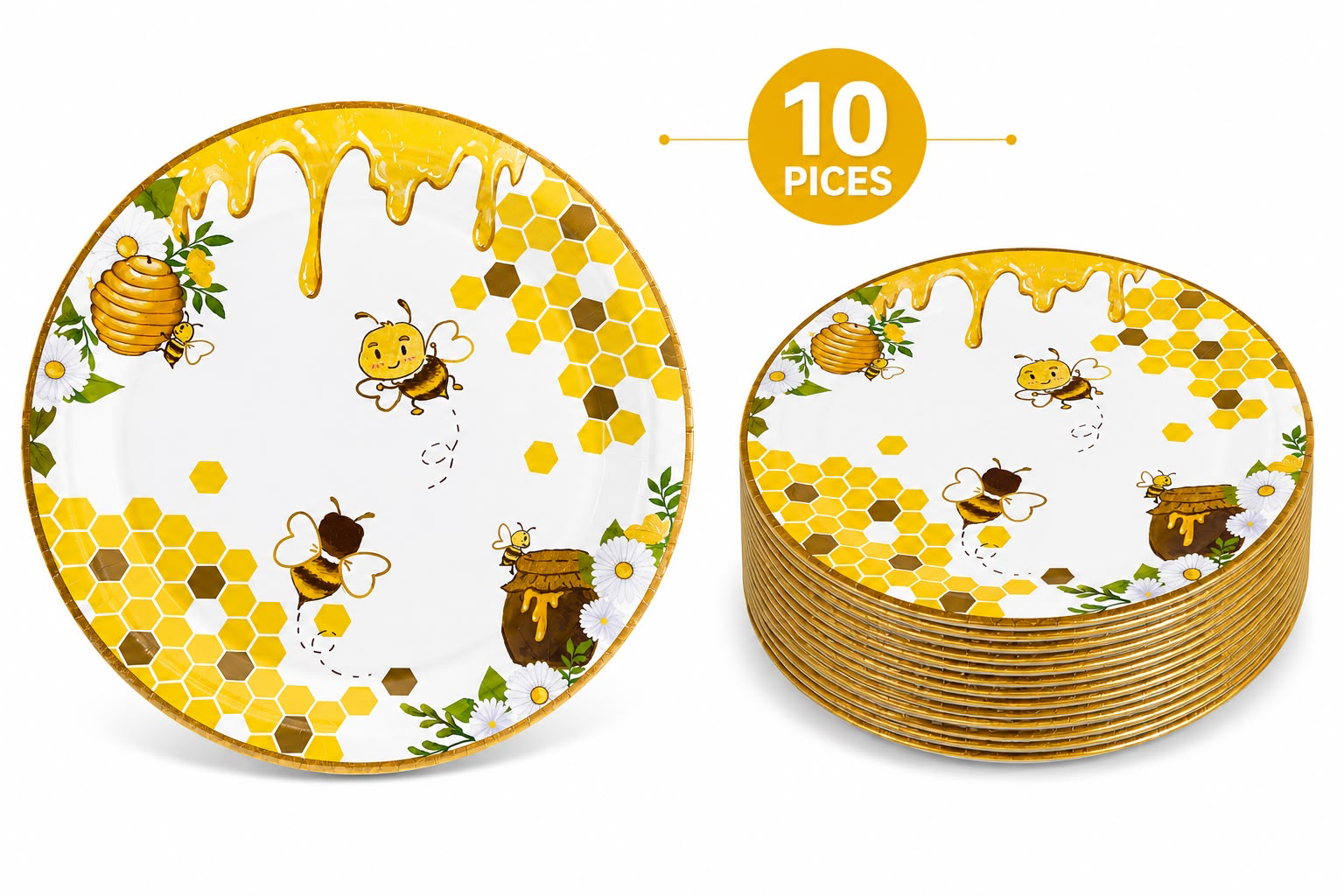 Bee Theme Paper Plates – 10 Pieces | Round Party Plates