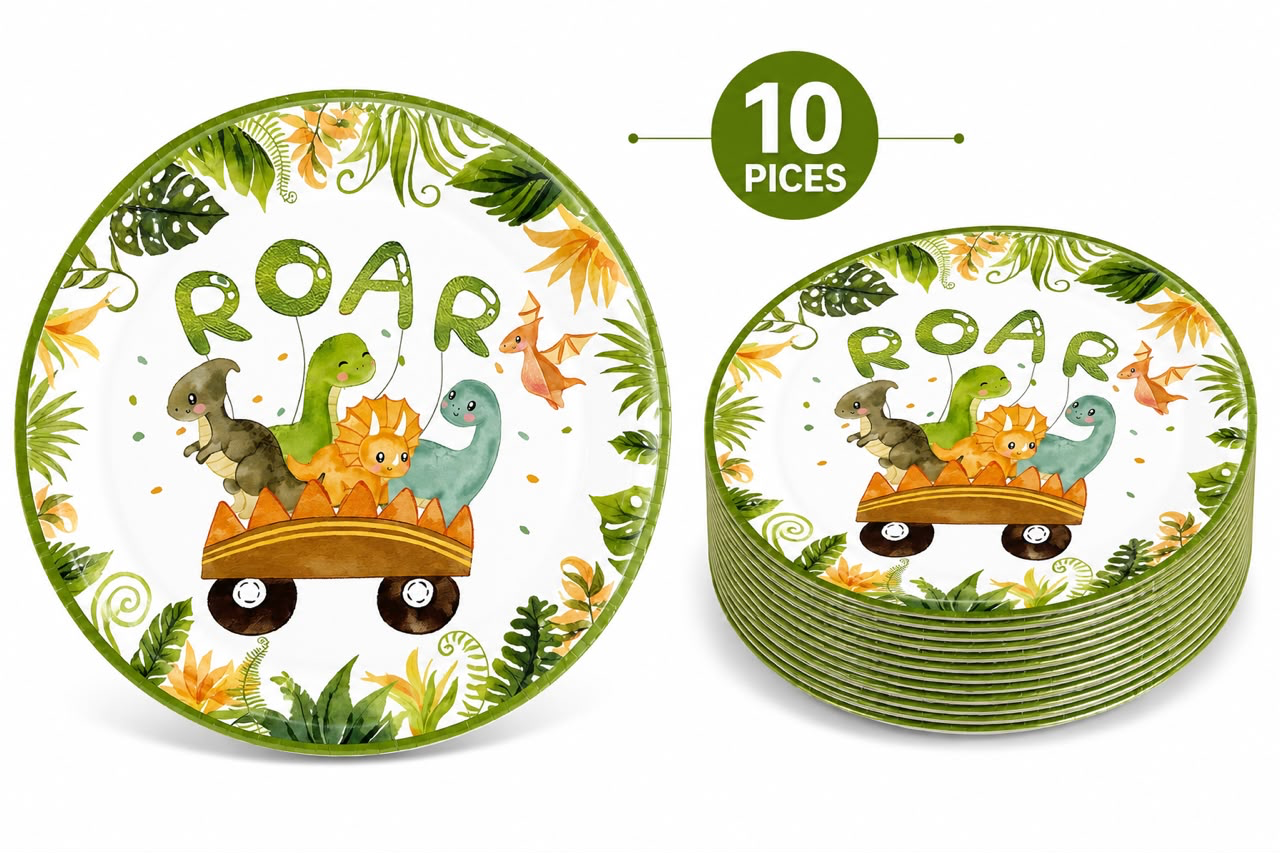 Roar Dinosaur Theme Paper Plates – 10 Pieces | Round Party Plates