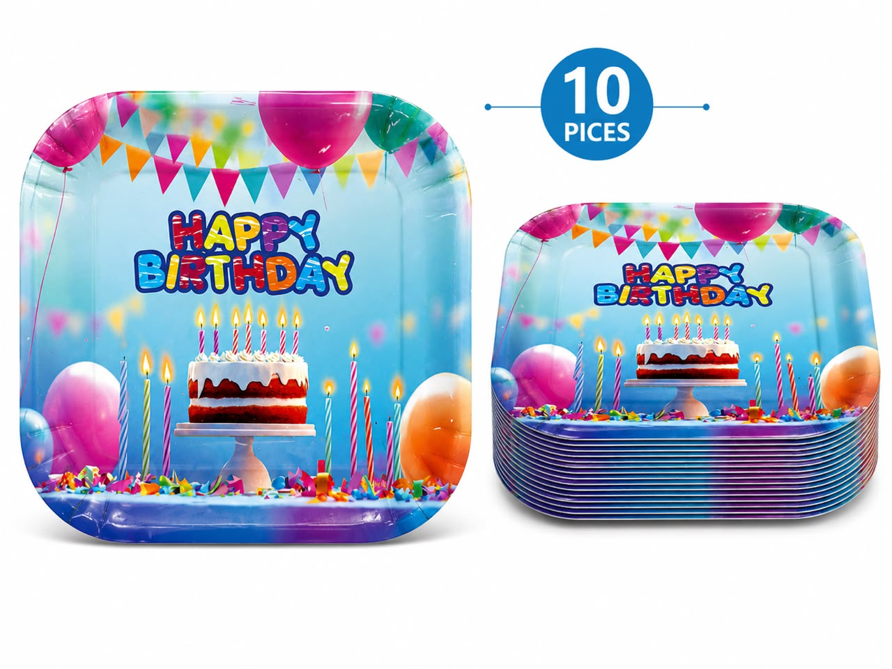 Happy Birthday Paper Plates – 10 Pieces | Square Party Plates